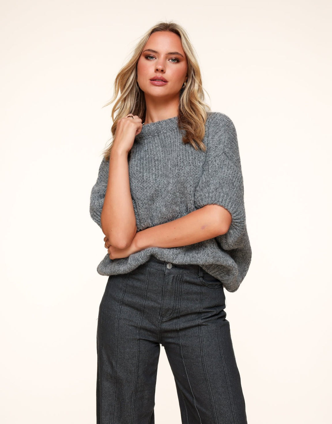 Dark Grey Knitted Wool 3/4 Sleeve - Knit