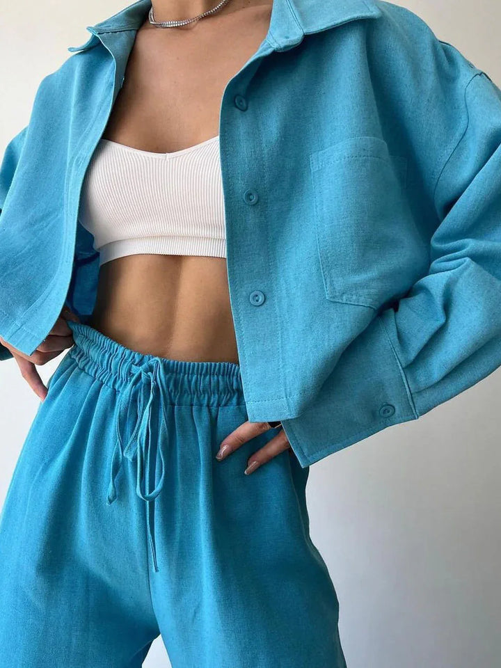 Casual Collared Drawstring Two Piece Pants Set