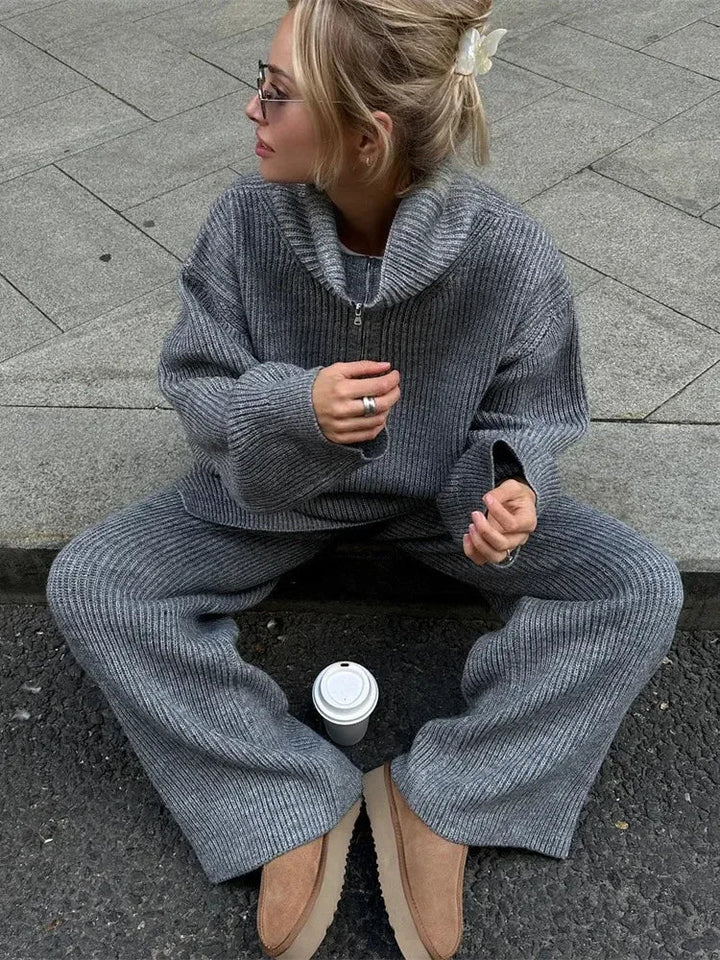 Solid Color Half Zip Sweater Matching Set