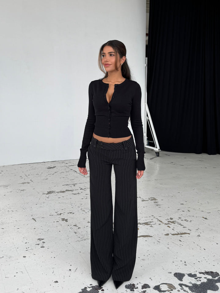 Button low waist pants - black striped