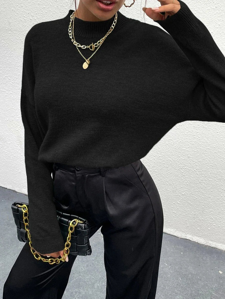 Effortless Mock Neck Sweater With Drop Shoulder Oversized