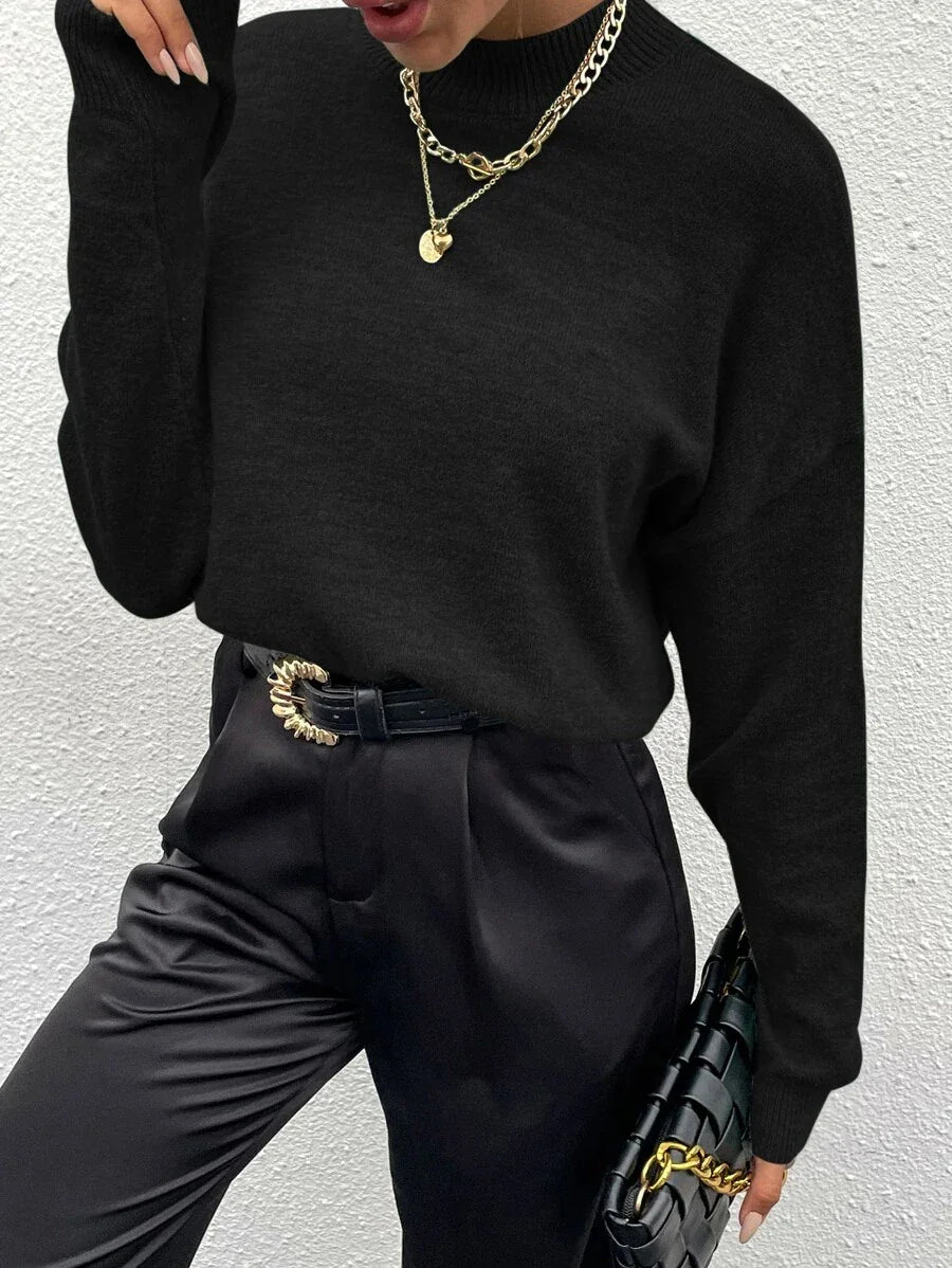 Effortless Mock Neck Sweater With Drop Shoulder Oversized