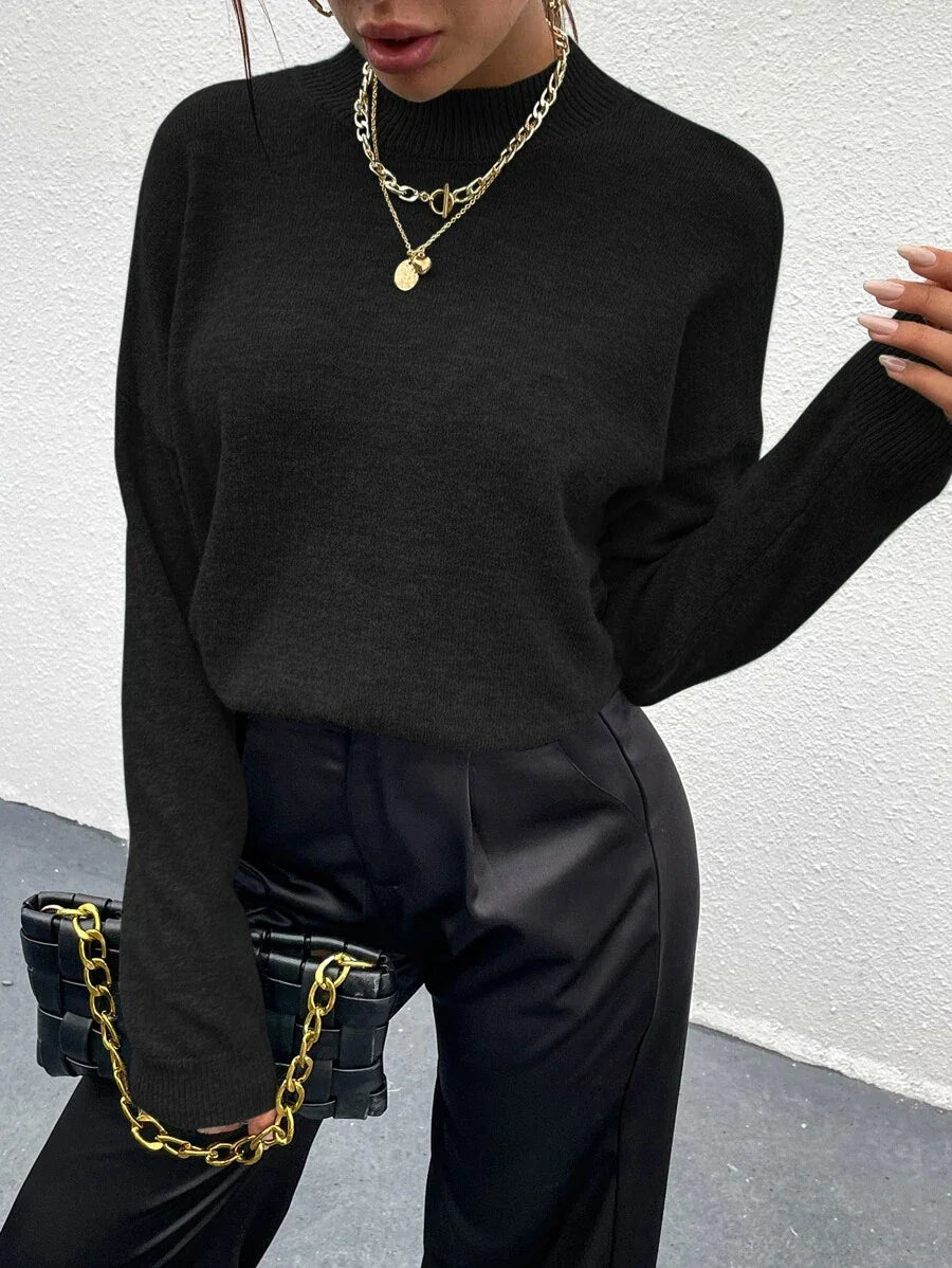 Effortless Mock Neck Sweater With Drop Shoulder Oversized