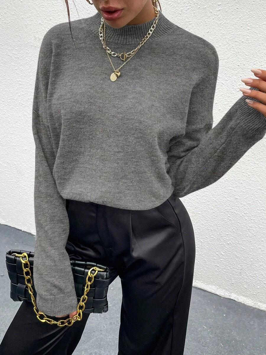 Effortless Mock Neck Sweater With Drop Shoulder Oversized