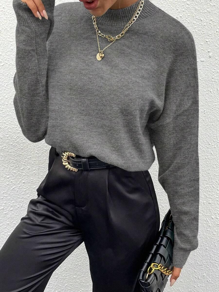 Effortless Mock Neck Sweater With Drop Shoulder Oversized