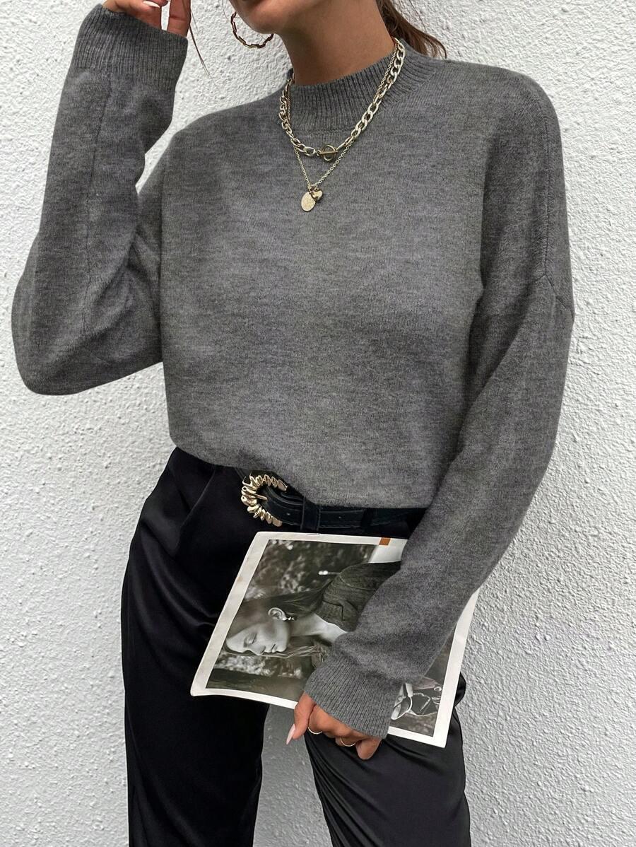 Effortless Mock Neck Sweater With Drop Shoulder Oversized