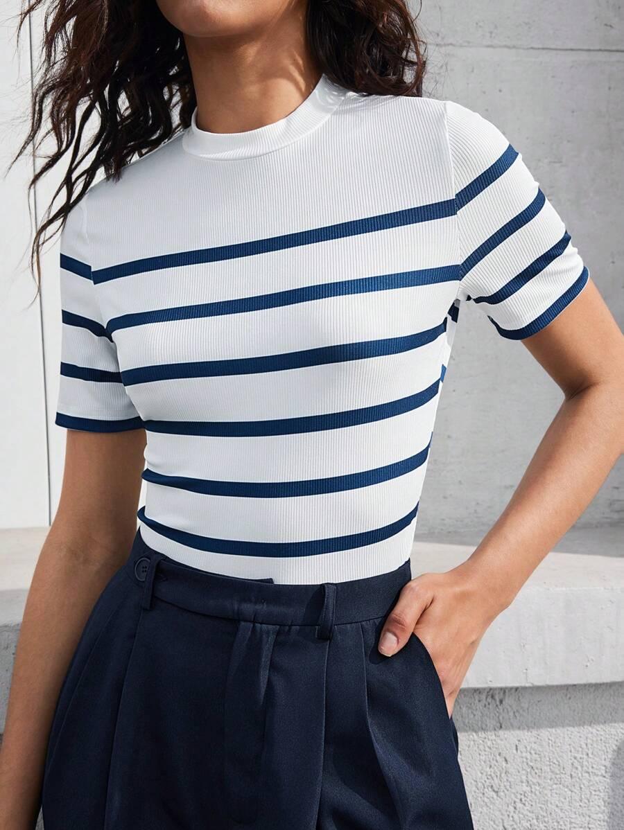Striped Mock Neck Fitted Top Chic Office Ready Style