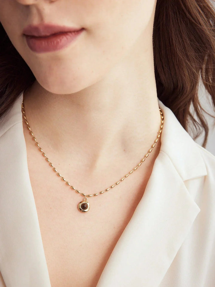 Premium Tiger Eye Necklace 18K Gold Plated Rice Bead Chain