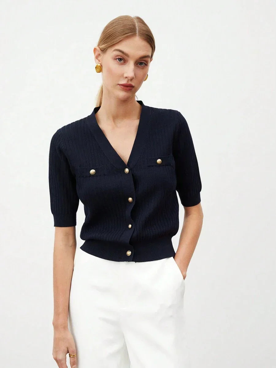 V Neck Knit Top Short Sleeve Office Ready Casual Chic