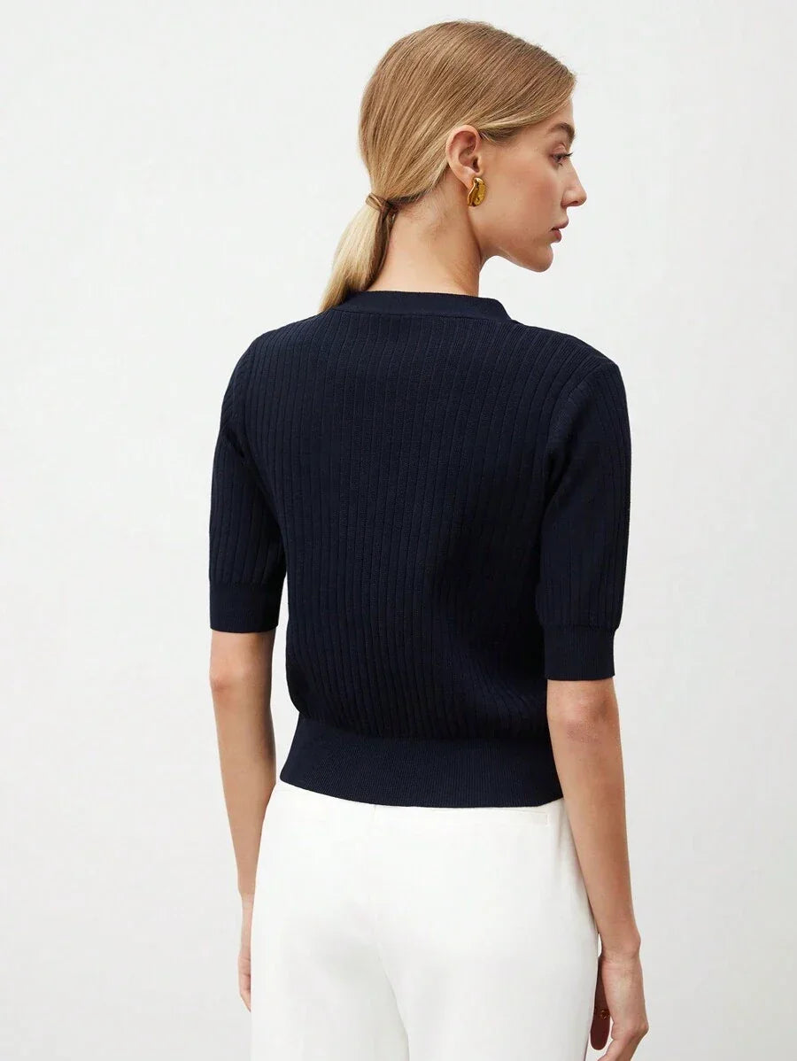 V Neck Knit Top Short Sleeve Office Ready Casual Chic