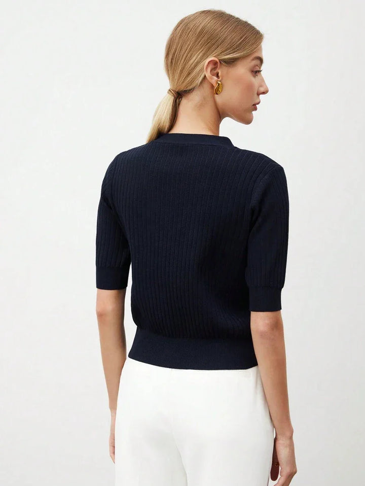 V Neck Knit Top Short Sleeve Office Ready Casual Chic