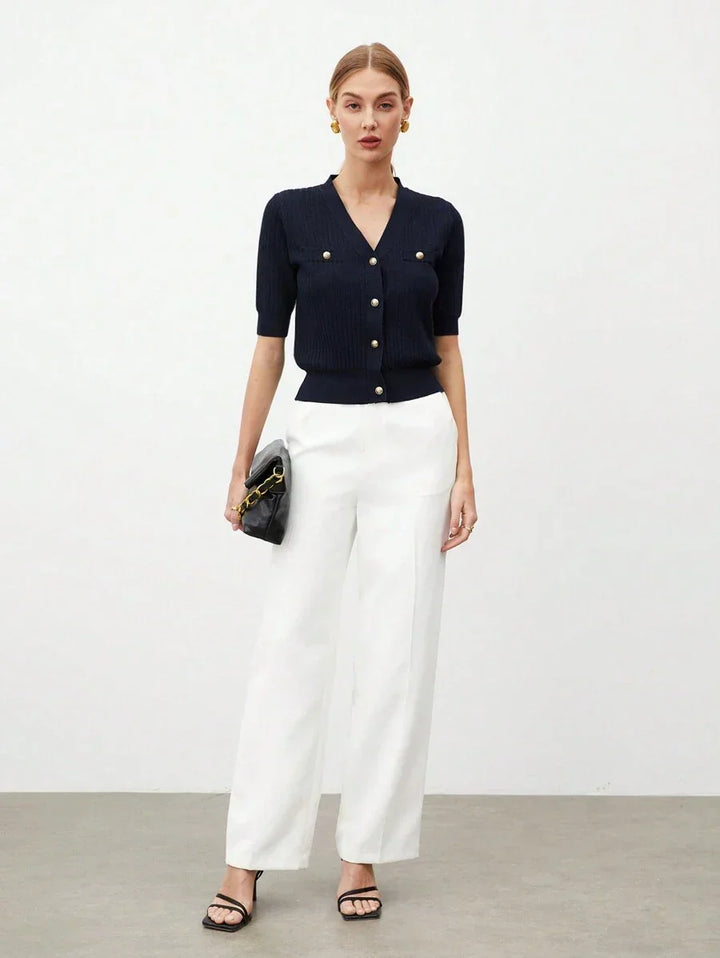 V Neck Knit Top Short Sleeve Office Ready Casual Chic