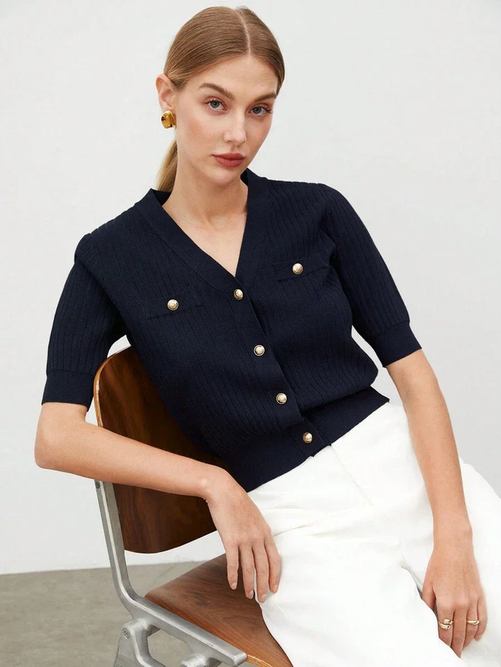 V Neck Knit Top Short Sleeve Office Ready Casual Chic