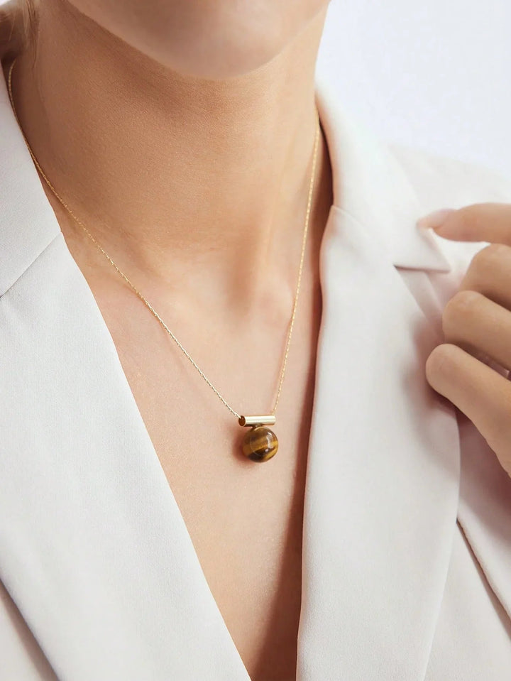 Geometric Tiger Eye Pendant Necklace Gold Plated 18K Luxury