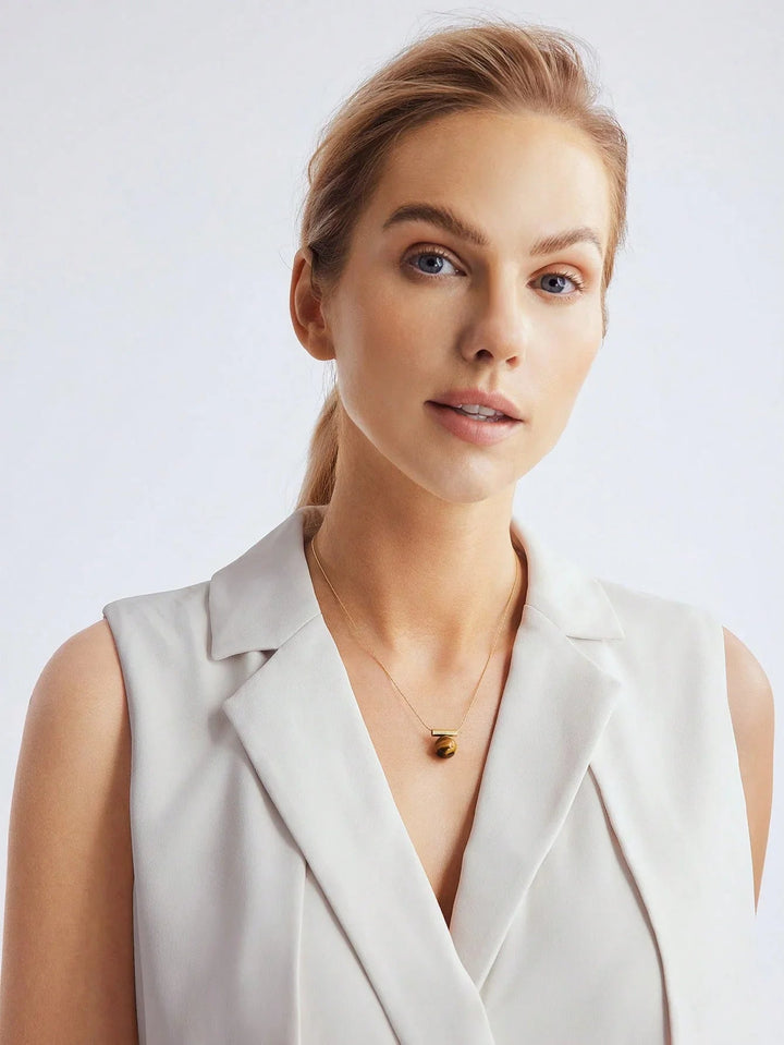 Geometric Tiger Eye Pendant Necklace Gold Plated 18K Luxury