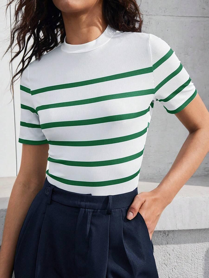 Striped Mock Neck Fitted Top Chic Office Ready Style