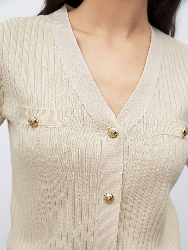 Chic V Neck Knit Sweater With Button Front Short Sleeve