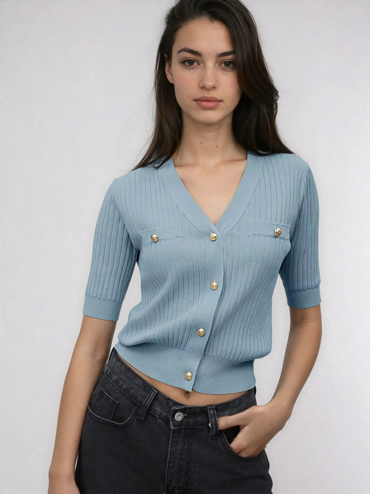 Chic V Neck Knit Sweater With Button Front Short Sleeve