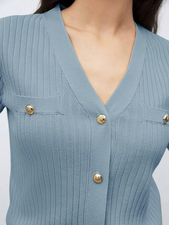 Chic V Neck Knit Sweater With Button Front Short Sleeve