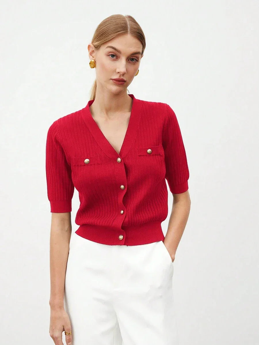 V Neck Knit Top Short Sleeve Office Ready Casual Chic