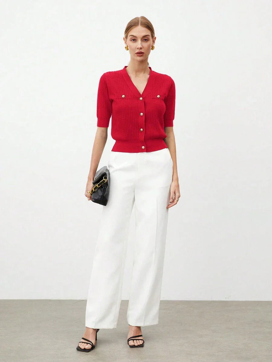 V Neck Knit Top Short Sleeve Office Ready Casual Chic