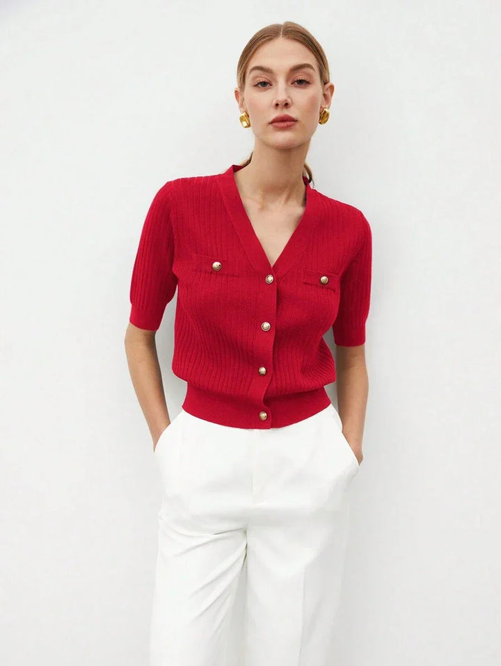 V Neck Knit Top Short Sleeve Office Ready Casual Chic
