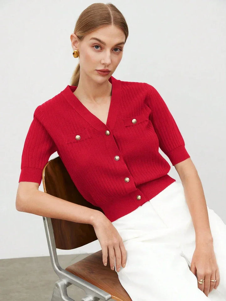 V Neck Knit Top Short Sleeve Office Ready Casual Chic