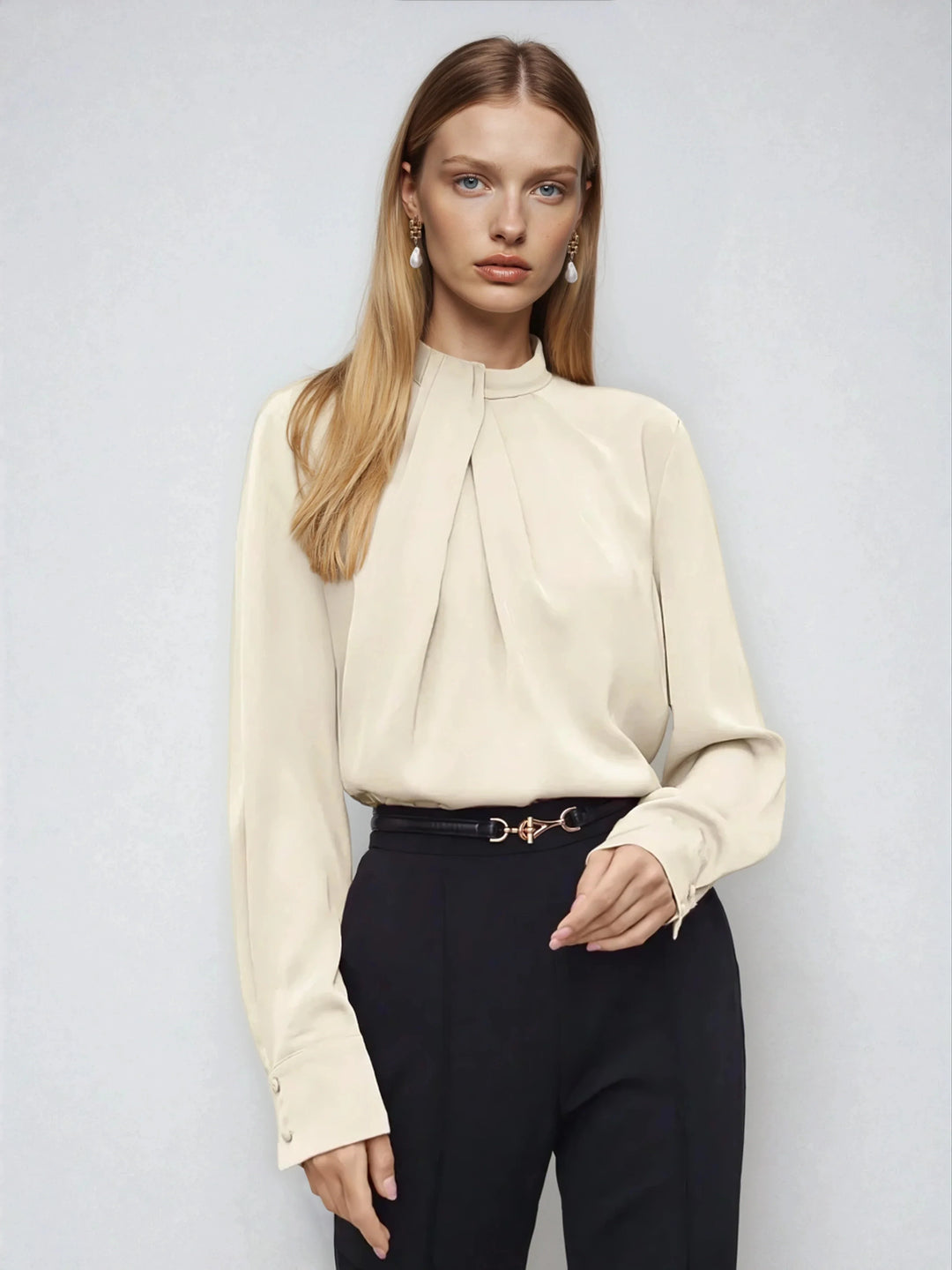 Asymmetric Ruched Stand Collar Top Versatile Office Wear