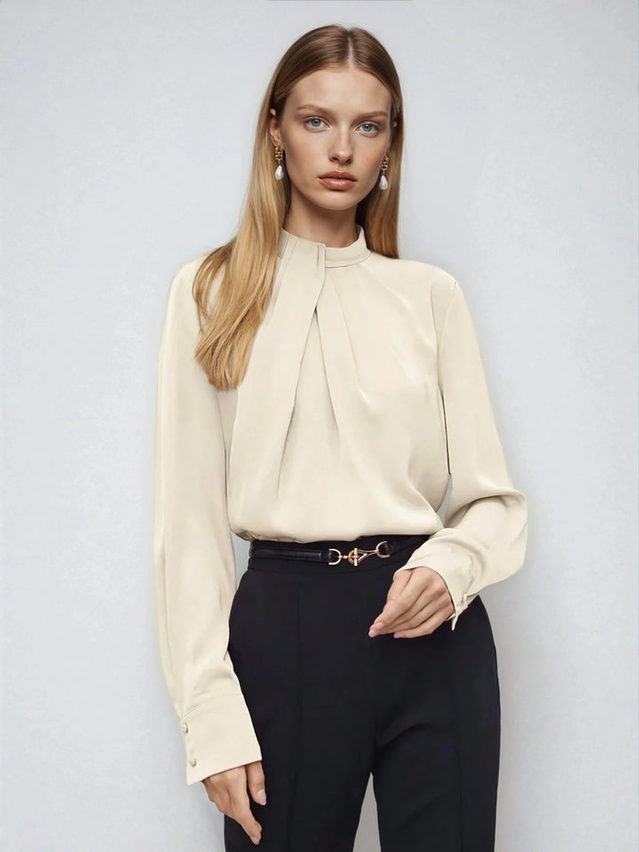 Asymmetric Ruched Stand Collar Top Versatile Office Wear