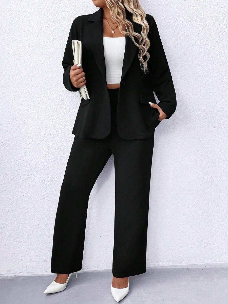 Plus Size Navy Blazer Notched Collar Office Ready Essential