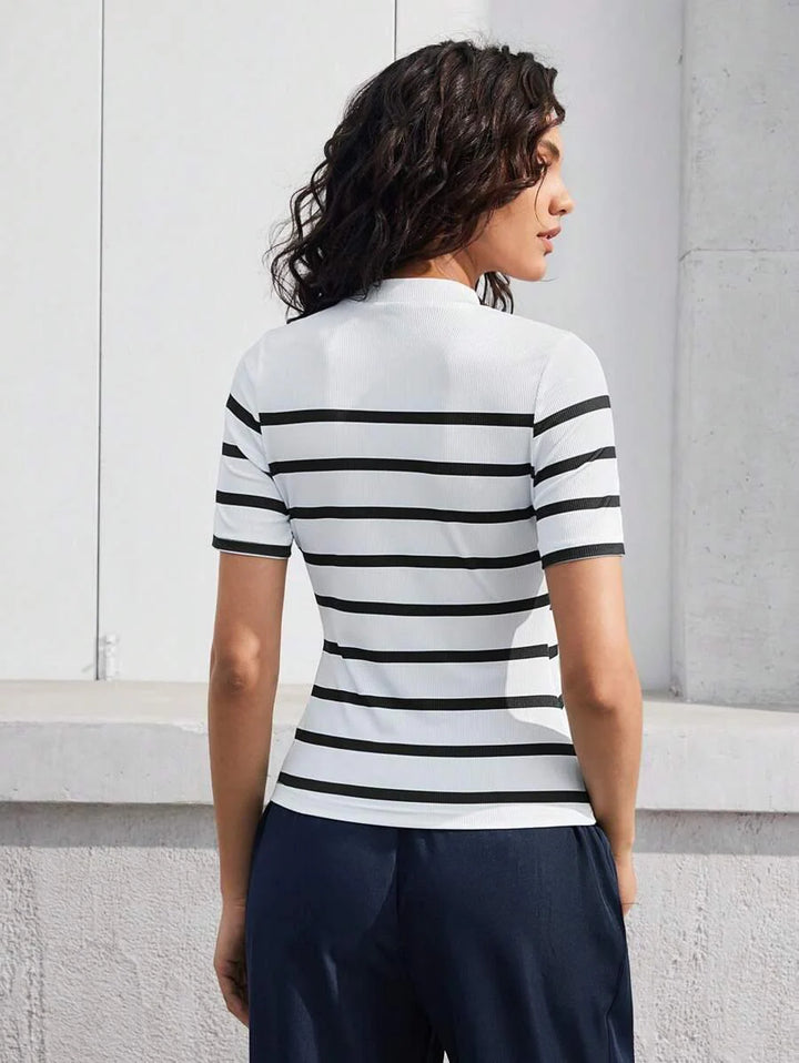 Striped Mock Neck Fitted Top Chic Office Ready Style