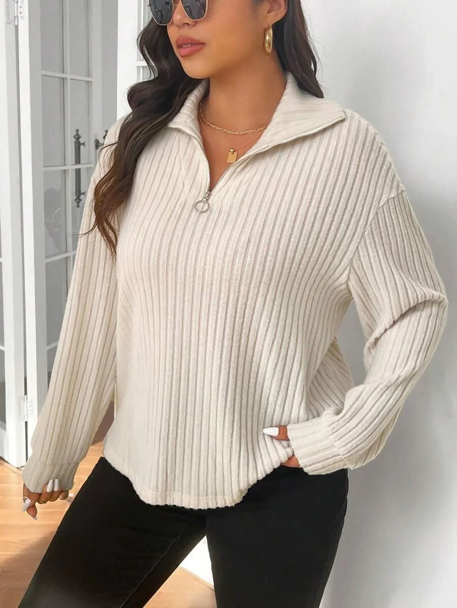 Plus Size Fuzzy Collar Quarter Zip Cozy Sweater