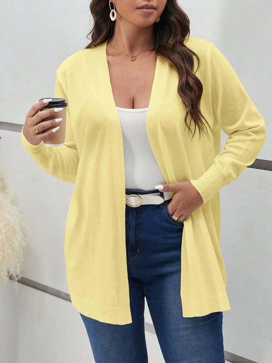 Cozy Open Front Black Knit Cardigan Thigh Length For Fall