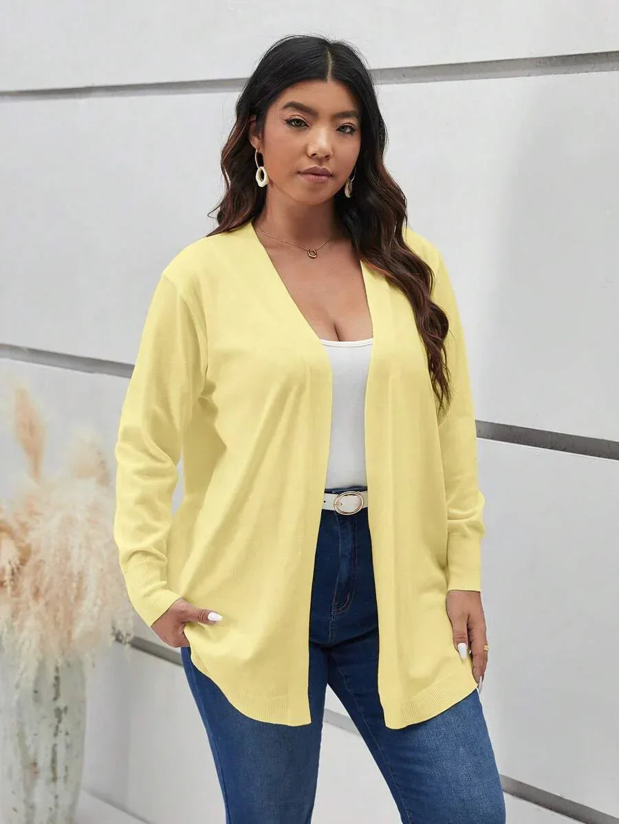 Cozy Open Front Black Knit Cardigan Thigh Length For Fall