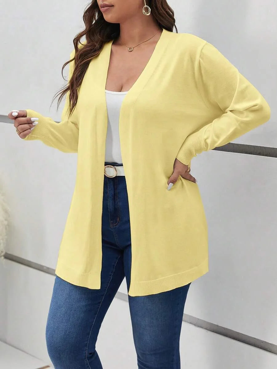 Cozy Open Front Black Knit Cardigan Thigh Length For Fall