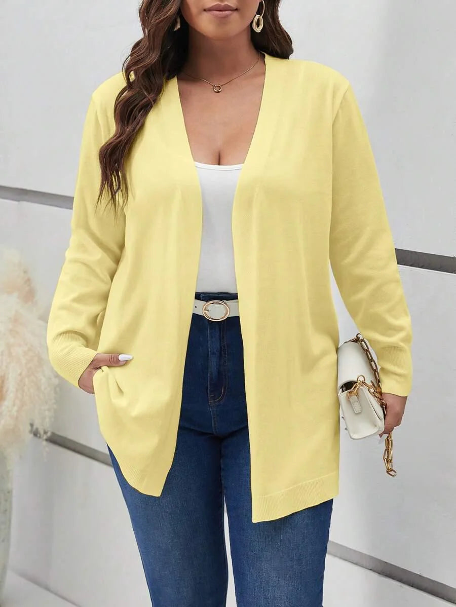 Cozy Open Front Black Knit Cardigan Thigh Length For Fall