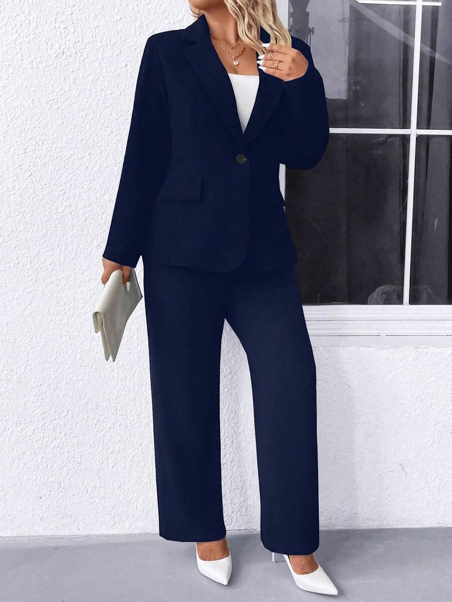 Plus Size Navy Blazer Notched Collar Office Ready Essential