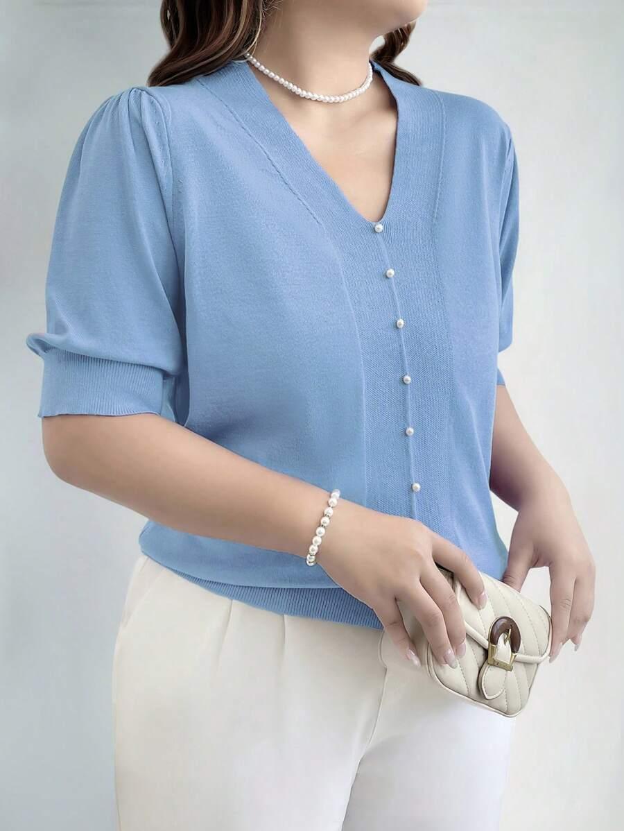Plus Size V Neck Puff Sleeve Solid Knit Pullover Sweater