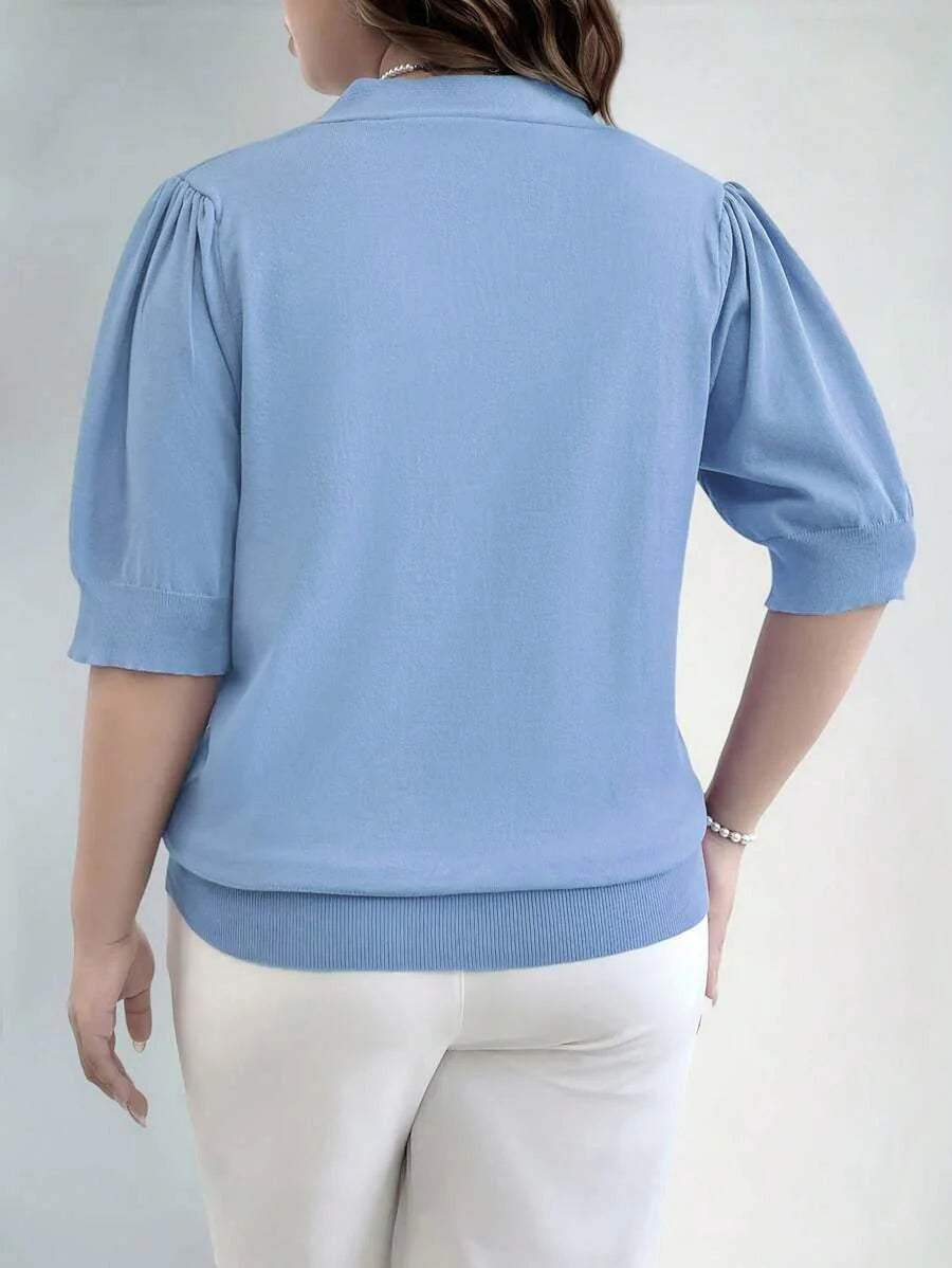 Plus Size V Neck Puff Sleeve Solid Knit Pullover Sweater