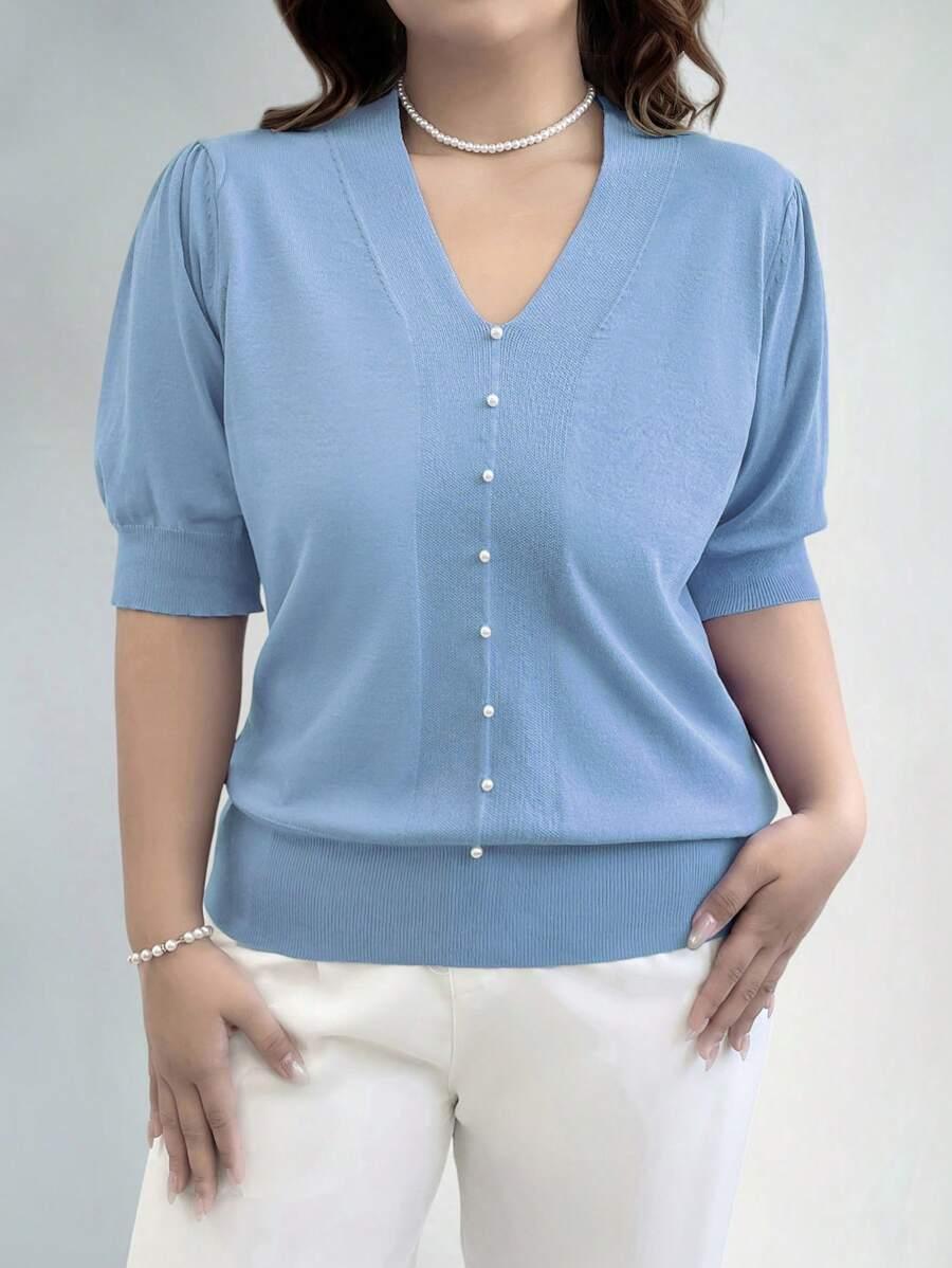 Plus Size V Neck Puff Sleeve Solid Knit Pullover Sweater