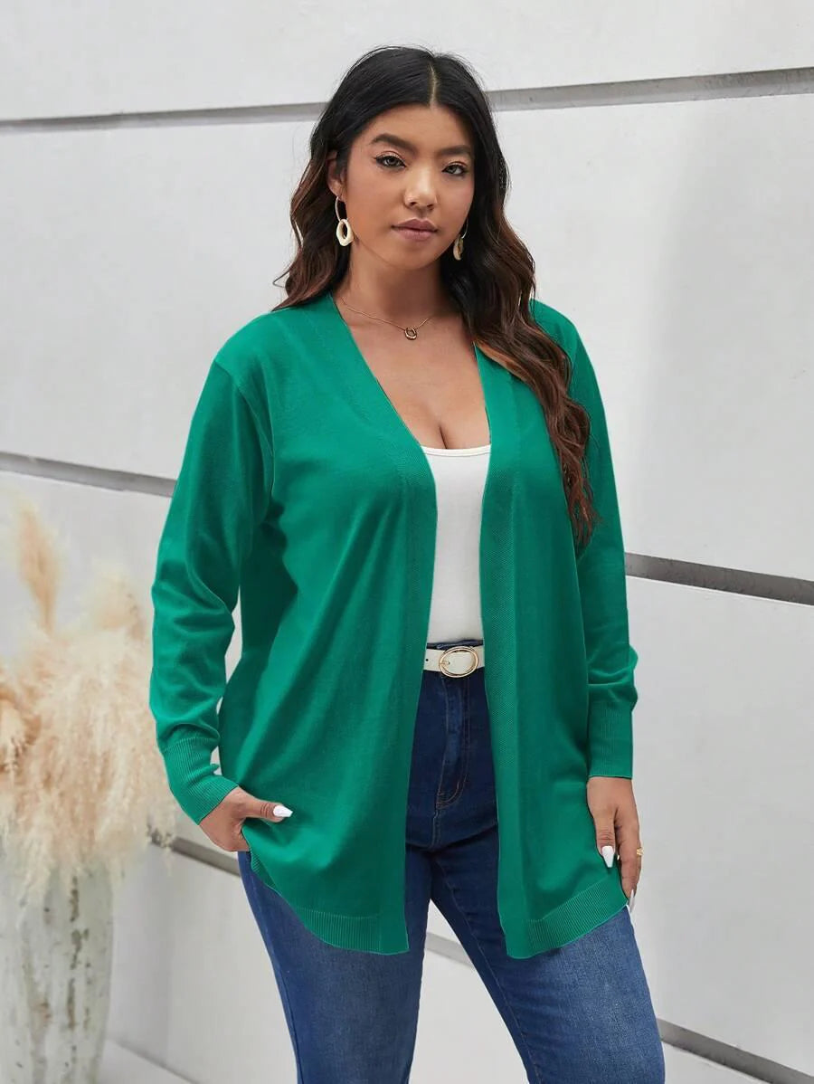 Cozy Open Front Black Knit Cardigan Thigh Length For Fall