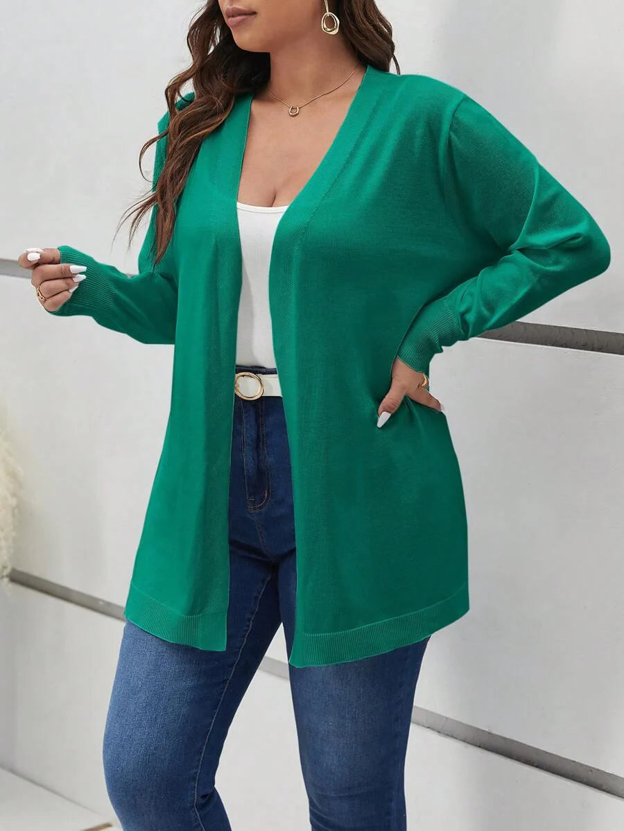 Cozy Open Front Black Knit Cardigan Thigh Length For Fall