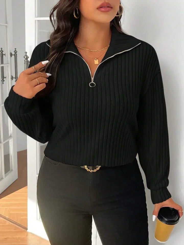 Plus Size Fuzzy Collar Quarter Zip Cozy Sweater