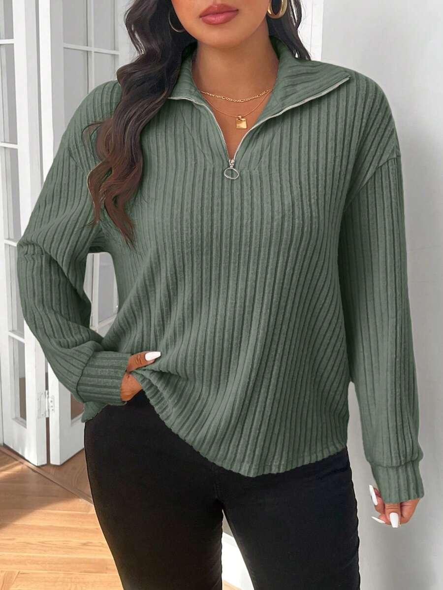 Plus Size Fuzzy Collar Quarter Zip Cozy Sweater