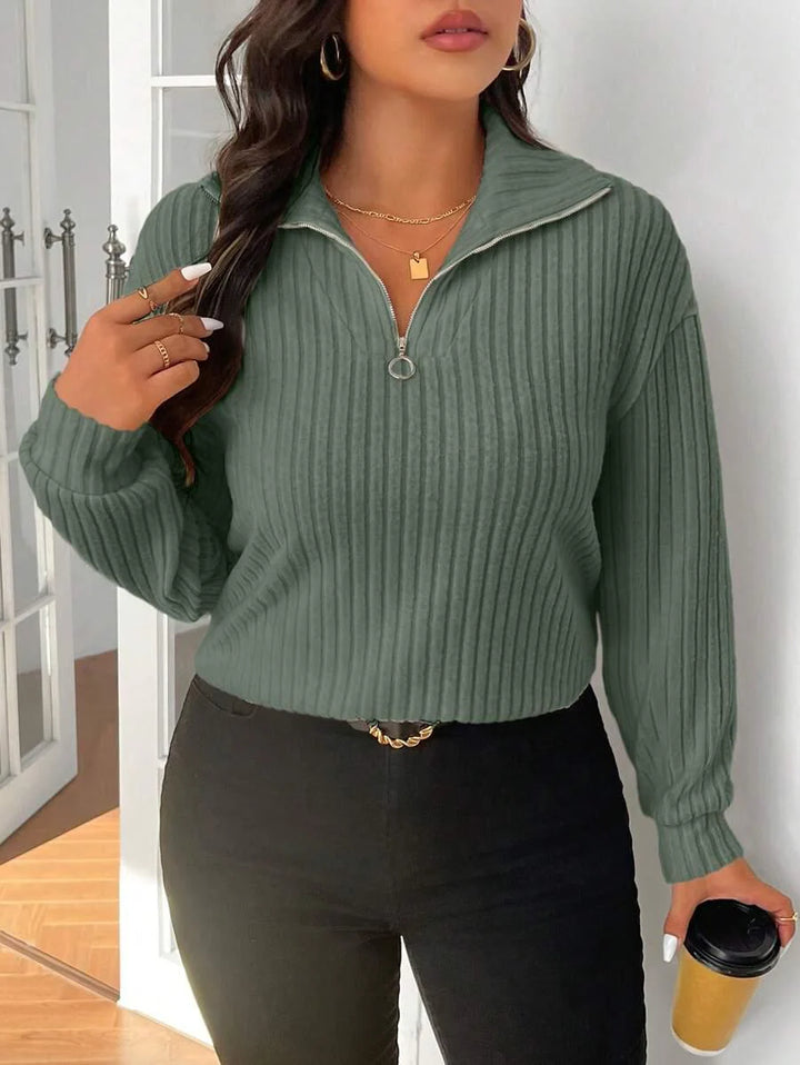 Plus Size Fuzzy Collar Quarter Zip Cozy Sweater