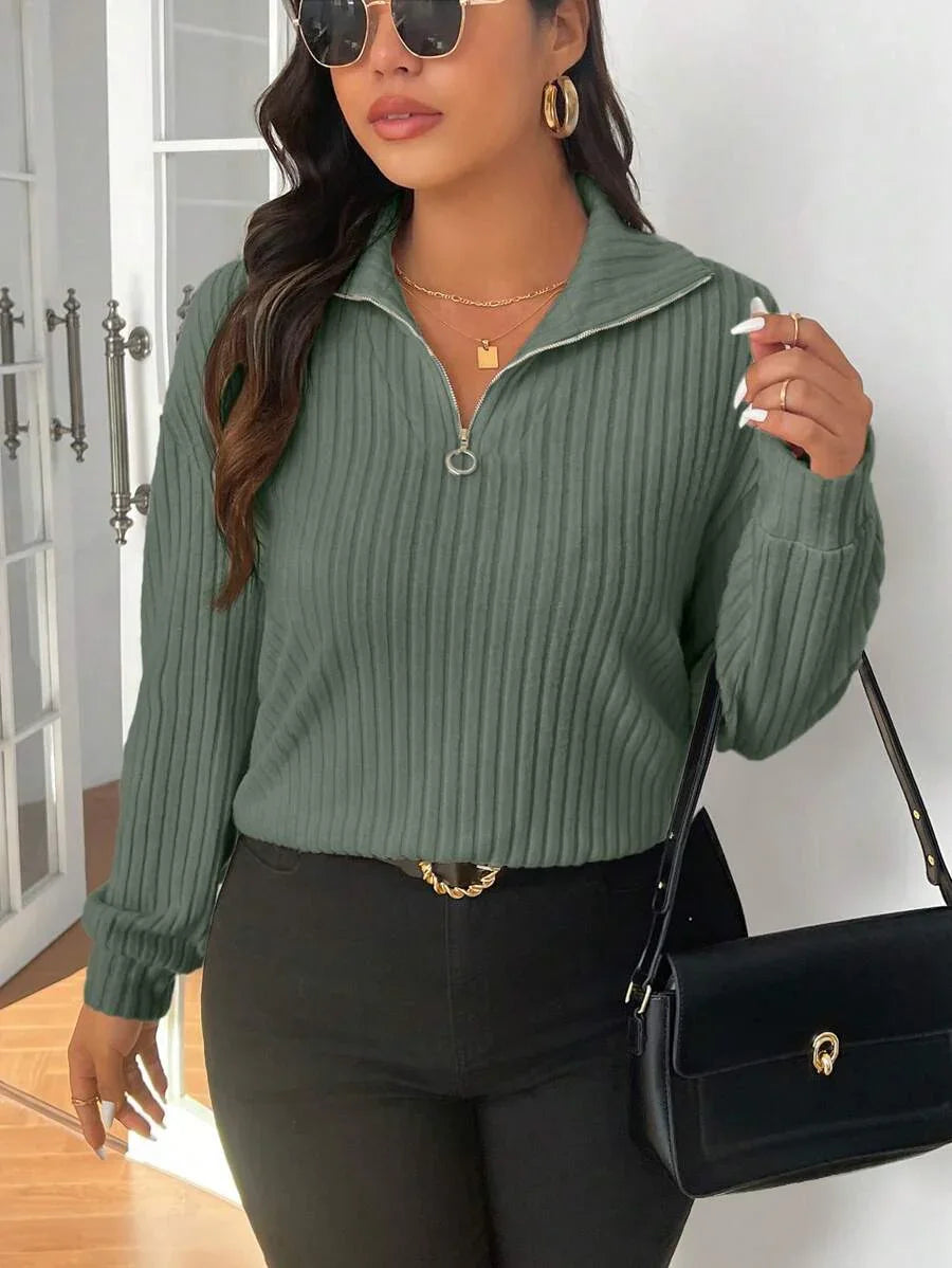 Plus Size Fuzzy Collar Quarter Zip Cozy Sweater