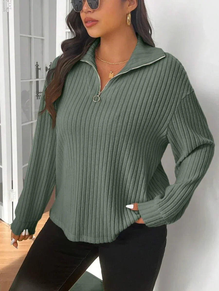 Plus Size Fuzzy Collar Quarter Zip Cozy Sweater
