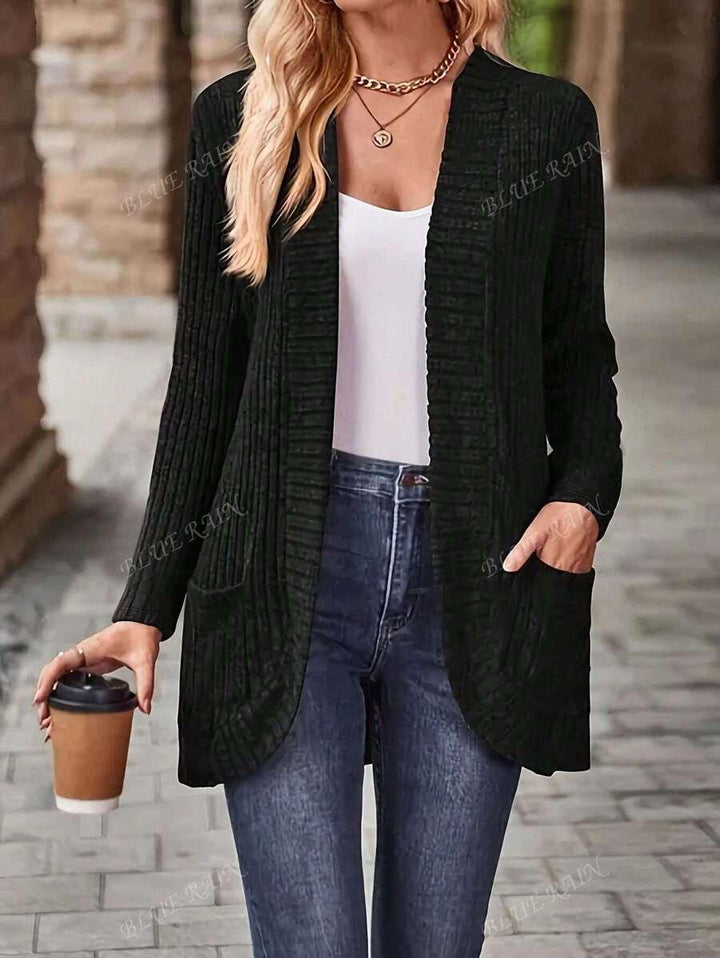 Plus Size Solid Color Knit Cardigan With Pockets Soft Cozy