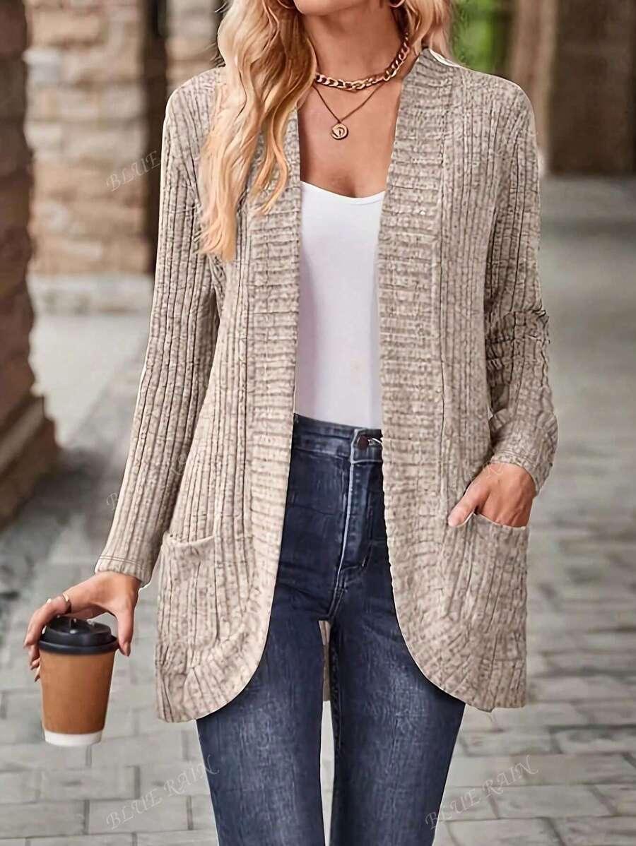 Plus Size Solid Color Knit Cardigan With Pockets Soft Cozy