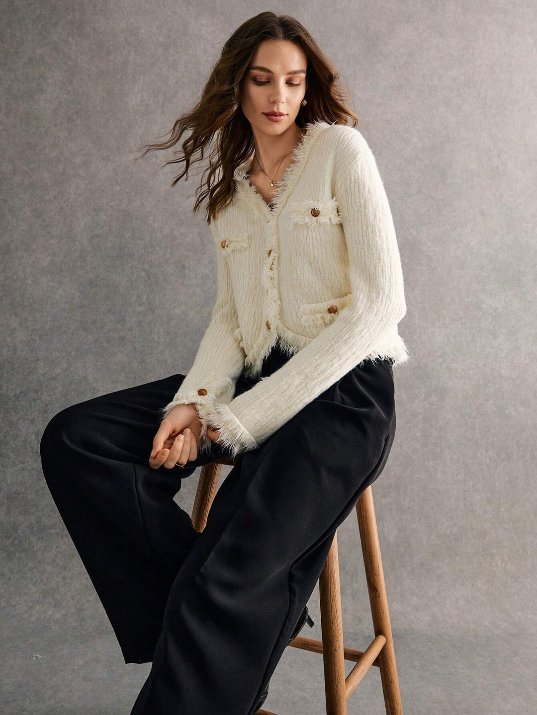 White Feather-Knit Textured Cardigan